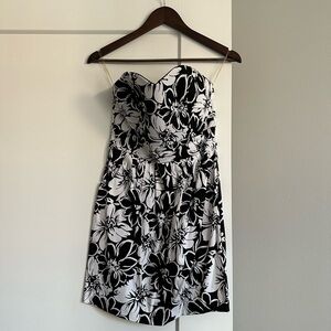Strapless Black & White Floral Print Dress